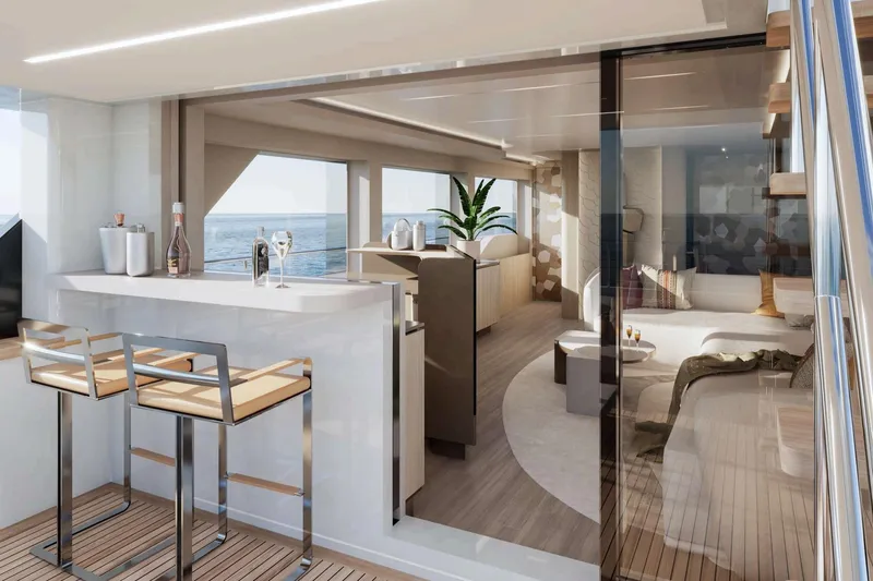  Yacht Photos Pics Luxurious Nomad 101 yacht interior with modern bar, seating, and ocean view, 2026 model.