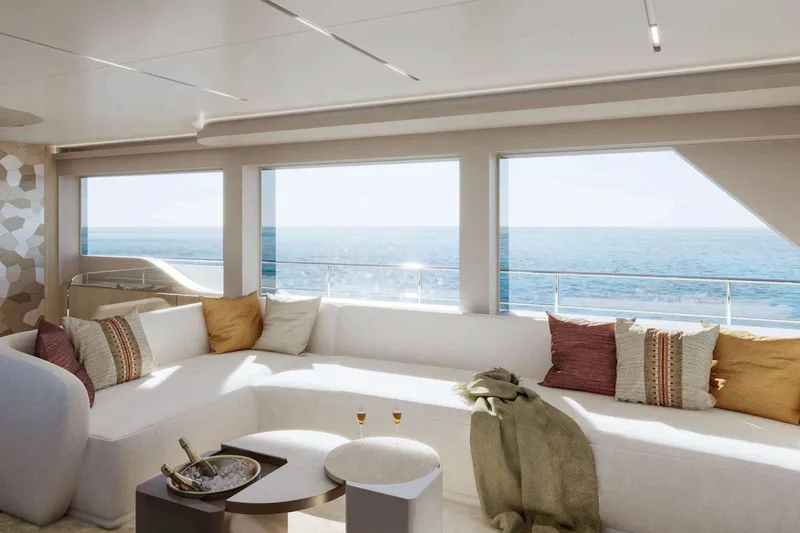  Yacht Photos Pics Luxurious Nomad 101 yacht interior with ocean view, featuring elegant seating and decor, 2026 model.