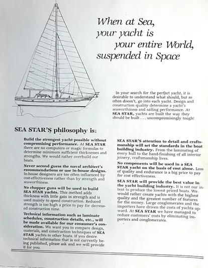 Aries Yacht Photos Pics Sea Star 46 yacht brochure, 1982: Emphasizing strength, performance, and meticulous craftsmanship.