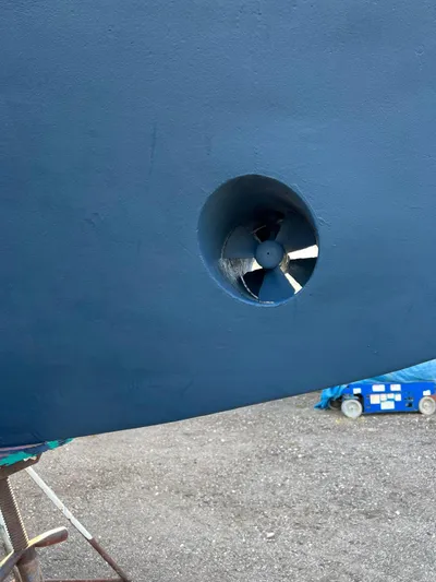 Aries Yacht Photos Pics Close-up of a 1982 Sea Star 46 boat's bow thruster on dry dock.