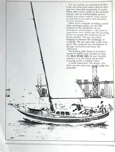 Aries Yacht Photos Pics Sailboat "Sea Star 46" from 1982, cruising near a bridge, with promotional text.