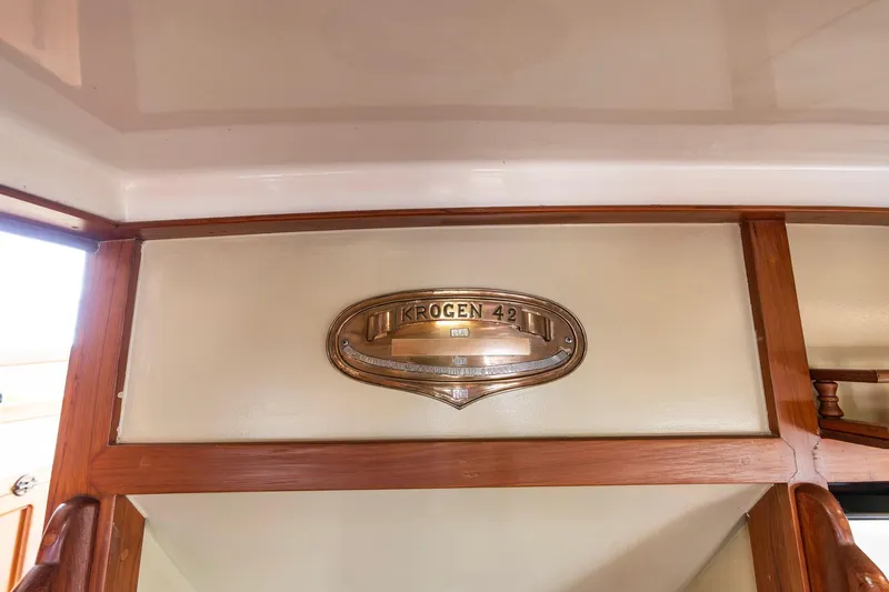 Points North III Yacht Photos Pics Kadey-Krogen 42 yacht interior detail, showcasing a brass nameplate, 1986 model.