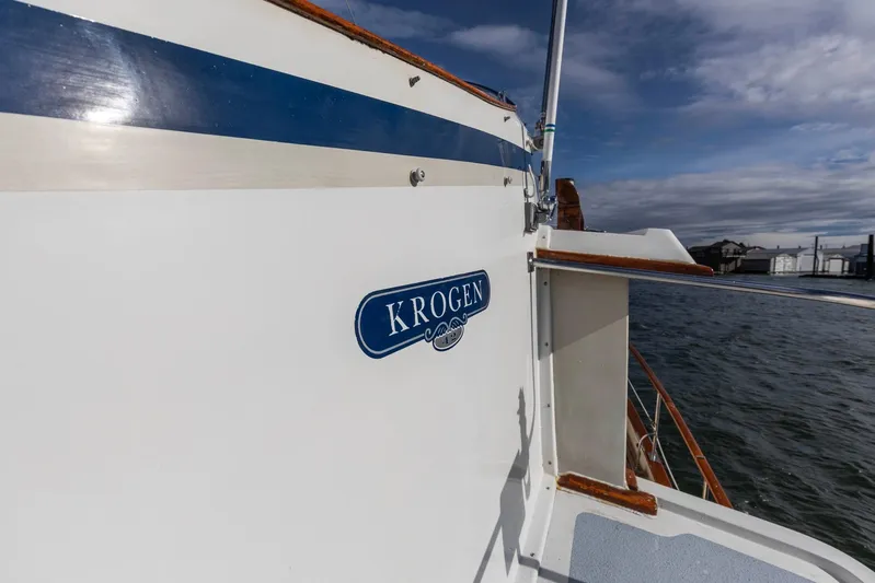 Points North III Yacht Photos Pics 1986 Kadey-Krogen 42 yacht on water, featuring blue and white exterior design.