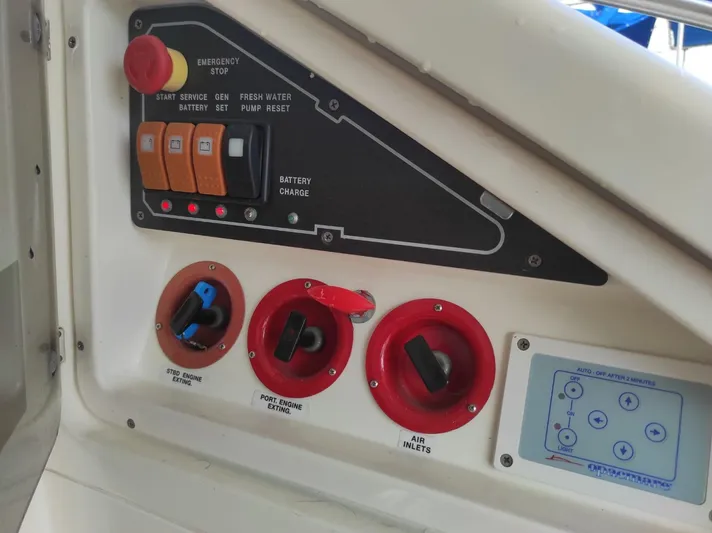  Yacht Photos Pics Control panel of a 2007 Azimut 62 yacht with switches and indicators.