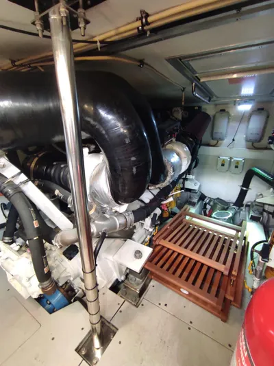  Yacht Photos Pics Engine room of a 2007 Azimut 62 yacht, showcasing mechanical components and equipment.