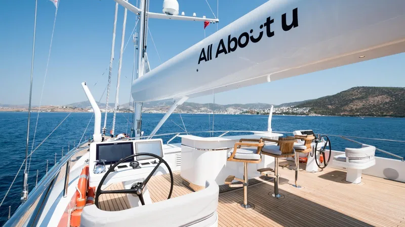 All About U Yacht Photos Pics Luxurious 2018 Ada Yacht sailing on clear blue waters, featuring elegant deck seating.