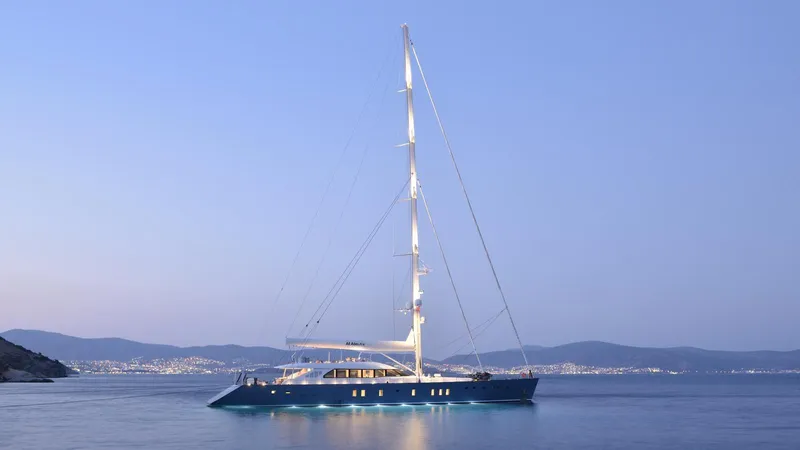 All About U Yacht Photos Pics Luxurious 2018 Ada Yacht sailing at dusk on calm waters.