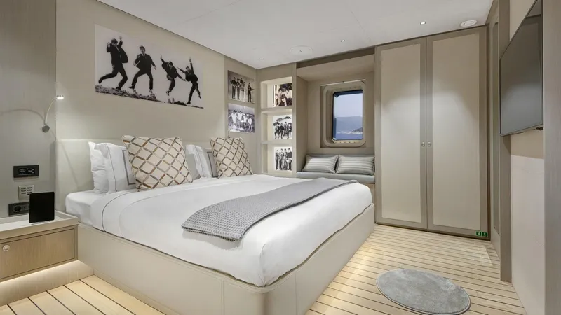 All About U Yacht Photos Pics Luxurious 2018 Ada Yacht bedroom with modern decor and stylish wall art.