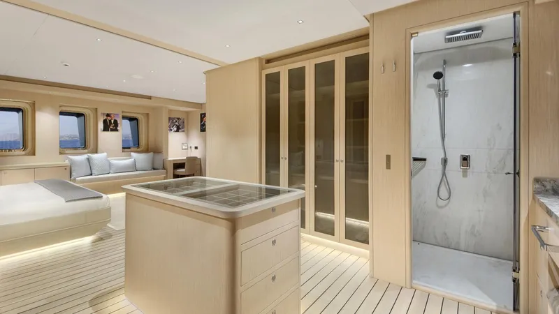 All About U Yacht Photos Pics Luxurious 2018 Ada Yacht interior with modern design, featuring a spacious bedroom and elegant shower.