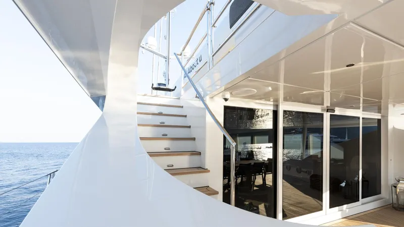 All About U Yacht Photos Pics Luxurious 2018 Ada Yacht with sleek design, featuring elegant stairs and ocean view.