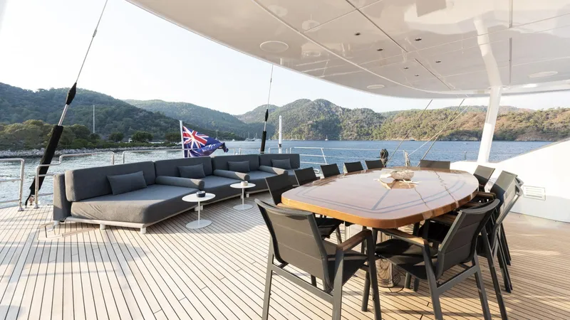 All About U Yacht Photos Pics Luxurious 2018 Ada Yacht sailing deck with elegant seating and scenic ocean view.