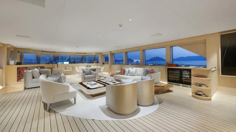 All About U Yacht Photos Pics Luxurious interior of 2018 Ada Yacht Sailing Yacht with elegant seating and panoramic windows.