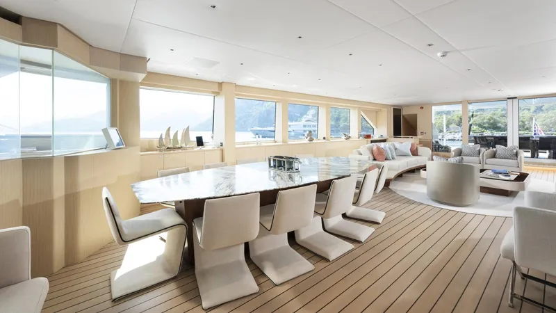All About U Yacht Photos Pics Luxurious interior of 2018 Ada Yacht Sailing Yacht with elegant dining and seating areas.