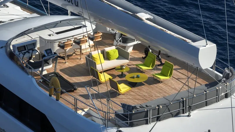 All About U Yacht Photos Pics Luxurious 2018 Ada Yacht sailing deck with modern seating and ocean view.