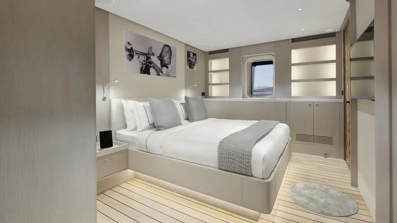 All About U Yacht Photos Pics Luxurious bedroom interior of 2018 Ada Yacht Sailing Yacht with modern decor and elegant furnishings.