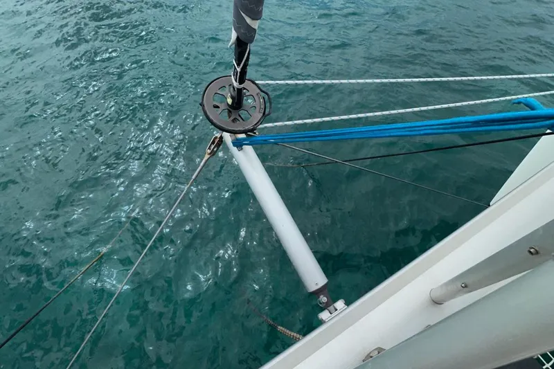 Sixtus Yacht Photos Pics Sailing equipment on Lagoon 450 s catamaran, 2016, over turquoise water.