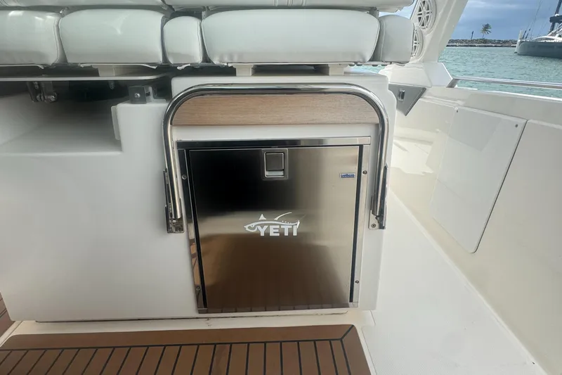  Yacht Photos Pics 2020 Tiara Sport 34 LS boat with Yeti cooler on deck.