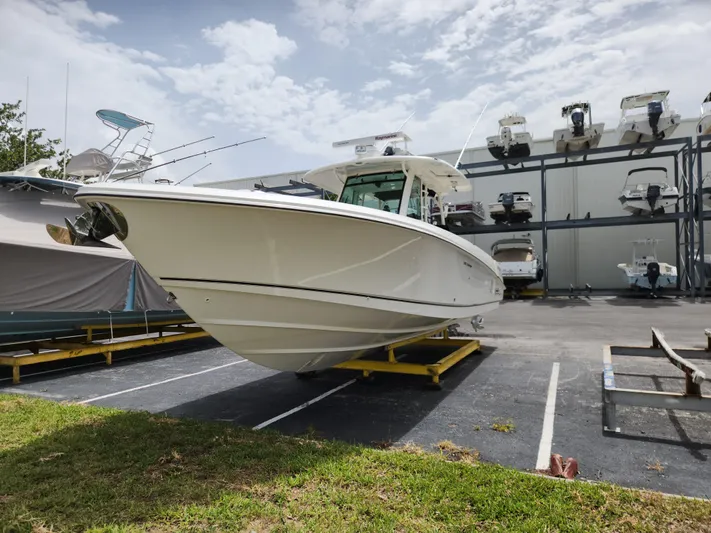 Outrageous Yacht Photos Pics 2014 Boston Whaler 350 Outrage boat in storage yard.