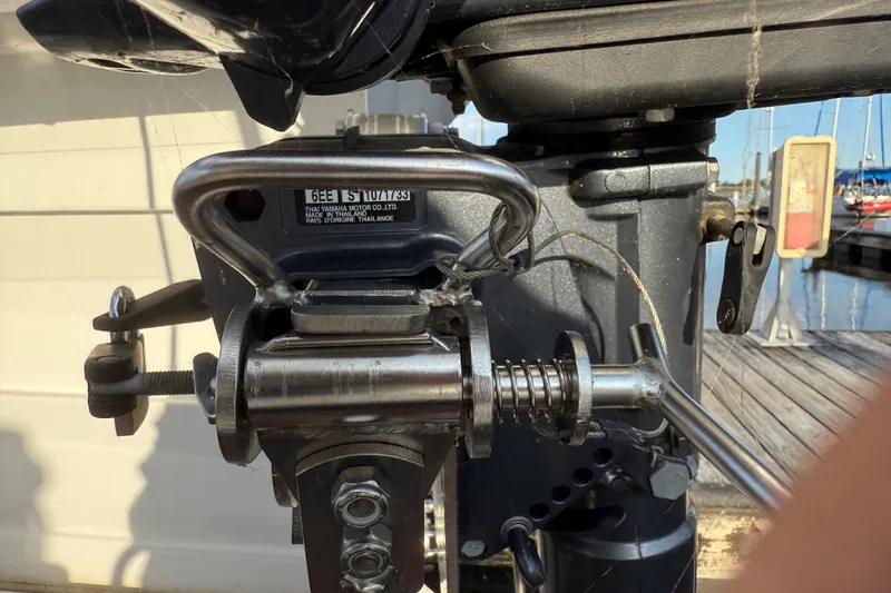  Yacht Photos Pics Close-up of a 2024 Ranger Tugs R31CB boat engine component at a marina.