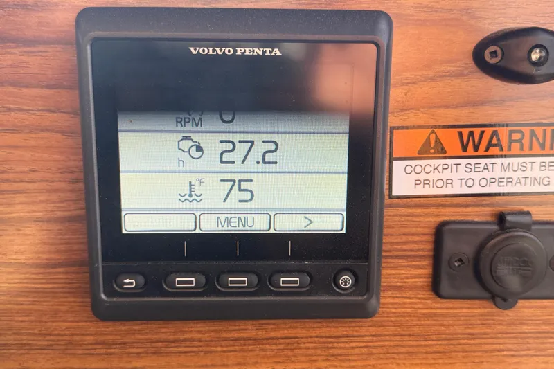 Yacht Photos Pics Volvo Penta display on 2024 Ranger Tugs R31CB, showing engine hours and temperature.