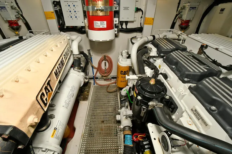 "about Time" Yacht Photos Pics Engine room of 2016 Princess 52 Flybridge Yacht with CAT marine engines.