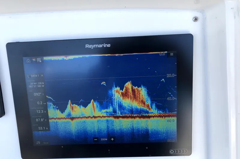  Yacht Photos Pics Raymarine sonar display on 2005 Boston Whaler 320 Outrage, showing underwater topography.