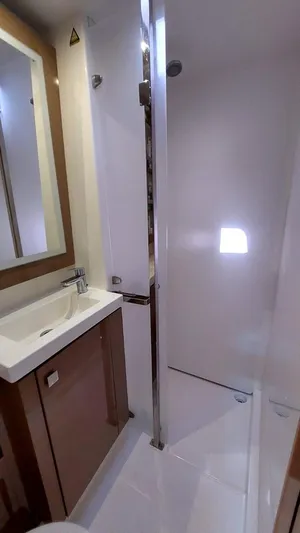  Yacht Photos Pics 2018 Fountaine Pajot Saona 47 yacht bathroom with modern sink and shower.