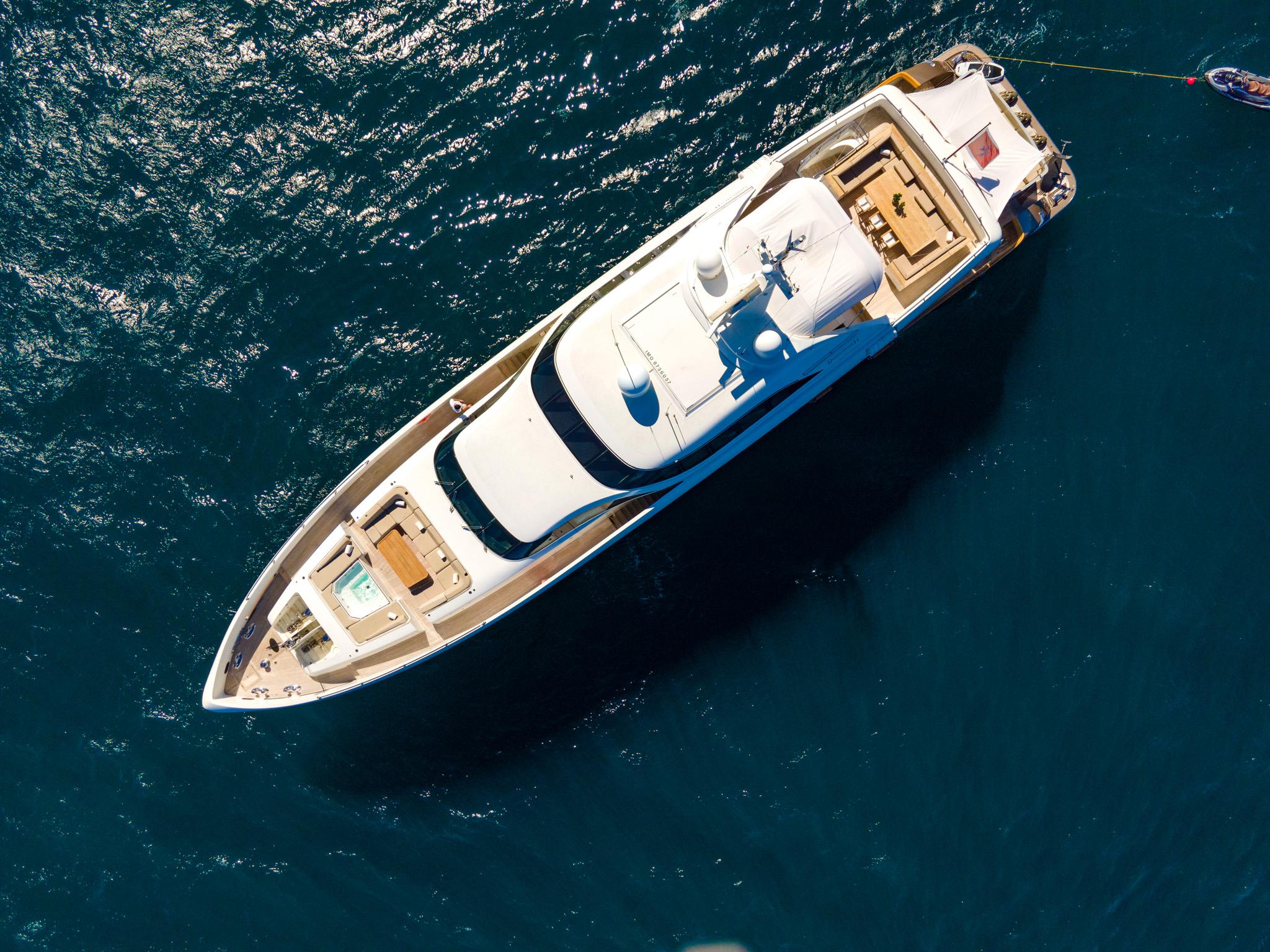 Aerial view of a luxurious custom yacht on the ocean, 2008 model.