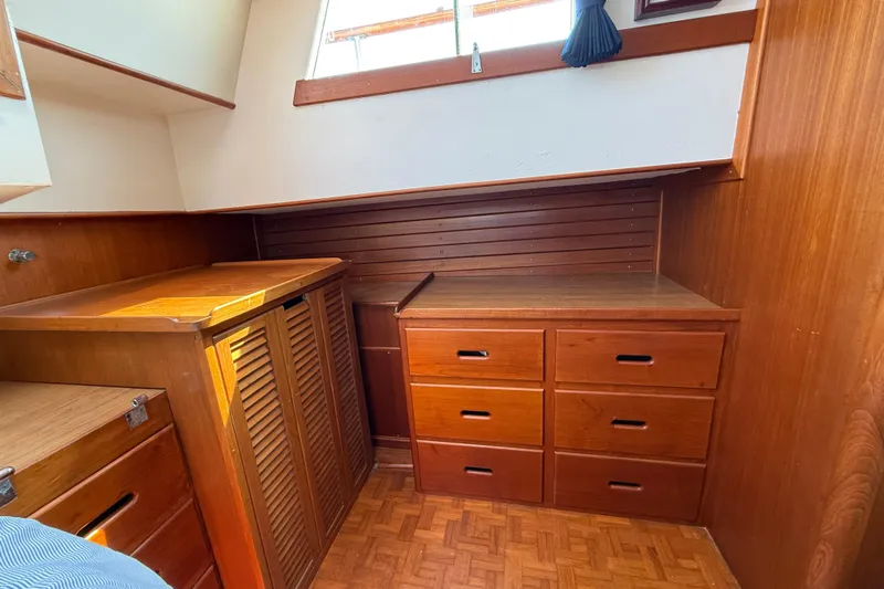  Yacht Photos Pics Wooden interior of 1990 Grand Banks 42 Classic yacht with drawers and cabinets.