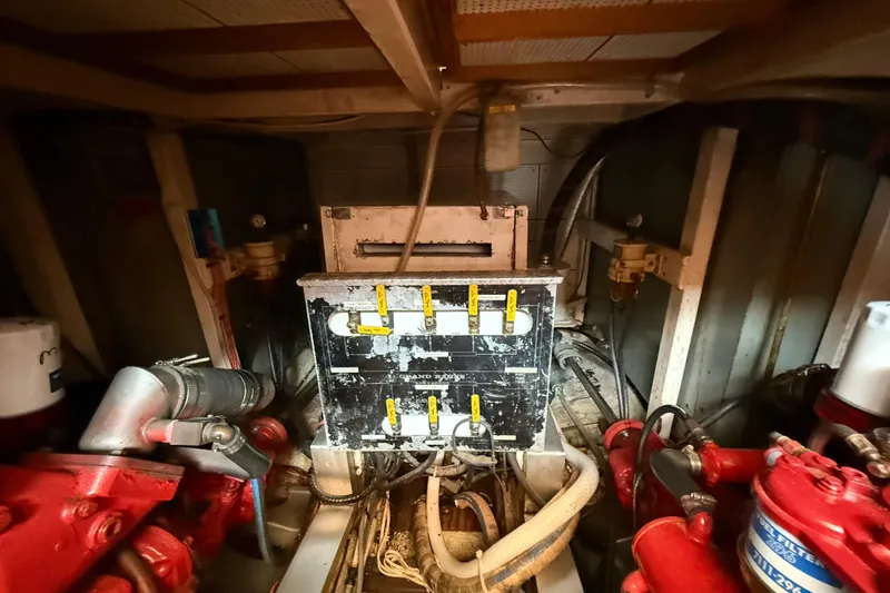  Yacht Photos Pics Engine room of a 1990 Grand Banks 42 Classic boat, featuring mechanical components.