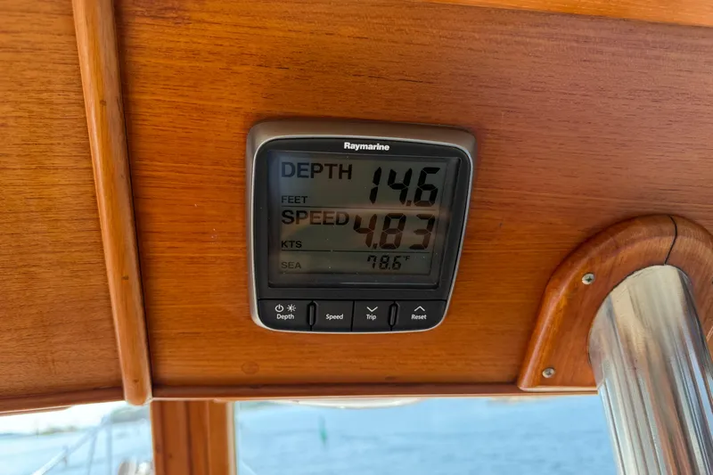  Yacht Photos Pics Raymarine display on 1990 Grand Banks 42 Classic showing depth, speed, and sea temperature.