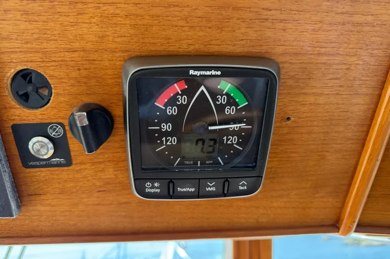  Yacht Photos Pics Raymarine instrument panel on 1990 Grand Banks 42 Classic boat dashboard.