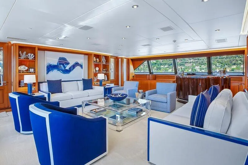 Zenji Yacht Photos Pics Luxurious interior of 2004 Perini Navi 56m yacht with elegant blue and white decor.