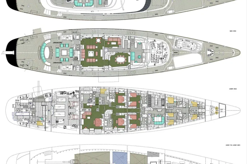 Zenji Yacht Photos Pics Deck plans of a 2004 Perini Navi 56m yacht, showcasing detailed layouts.