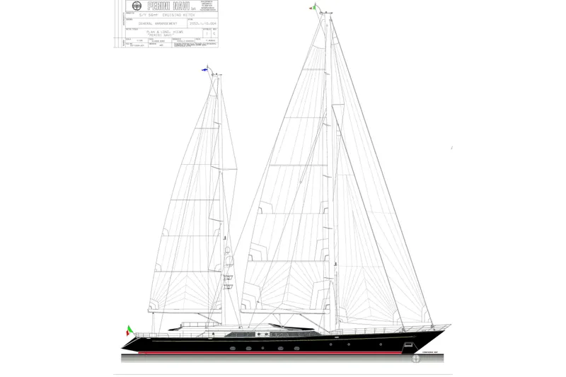Zenji Yacht Photos Pics Line drawing of a 2004 Perini Navi 56m sailing yacht, detailed sail and hull design.