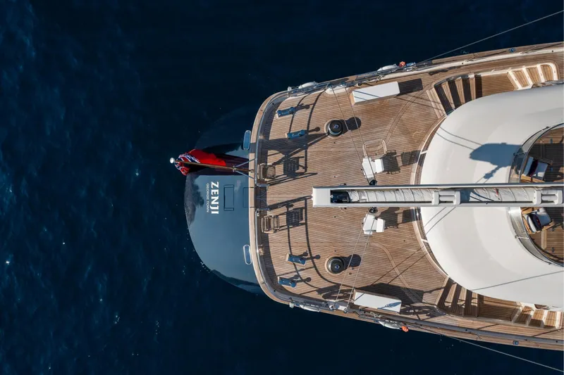 Zenji Yacht Photos Pics Aerial view of 2004 Perini Navi 56m yacht on deep blue sea.