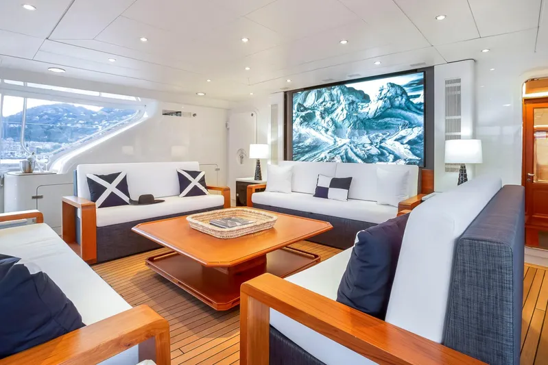 Zenji Yacht Photos Pics Luxurious interior of 2004 Perini Navi 56m yacht with elegant seating and large screen display.