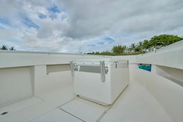  Yacht Photos Pics 2015 Invincible 36 boat interior with storage compartment under cloudy sky.