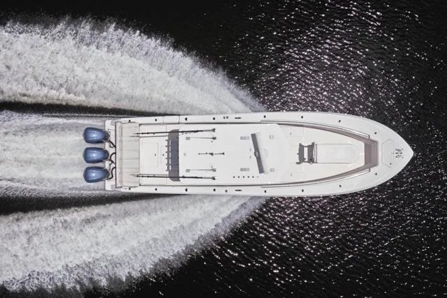  Yacht Photos Pics Overhead view of 2015 Invincible 36 boat cruising on water.