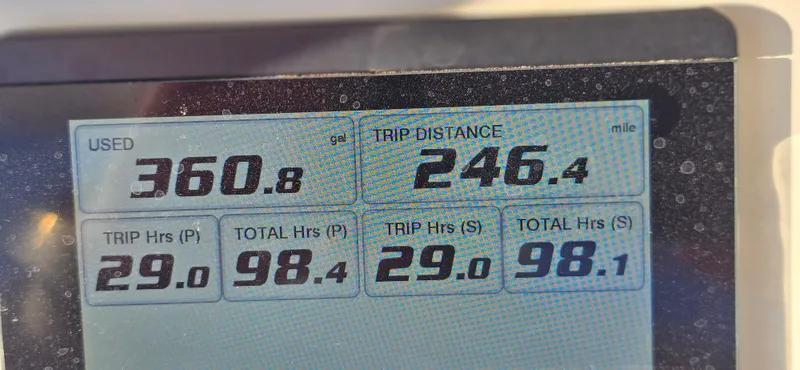Wound Tight Yacht Photos Pics Display screen showing fuel usage and trip data for 2021 Regulator 34 Center Console.
