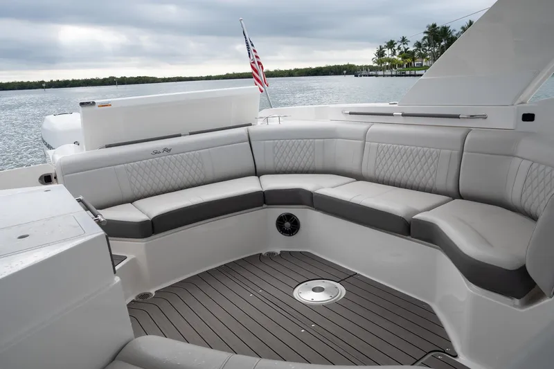 Northeast Yacht Photos Pics Luxurious seating area on 2022 Sea Ray SLX 350 Outboard boat, with elegant upholstery.