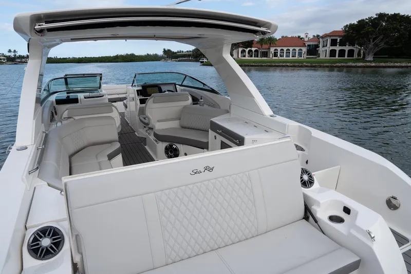 Northeast Yacht Photos Pics 2022 Sea Ray SLX 350 Outboard luxury boat interior on calm water.