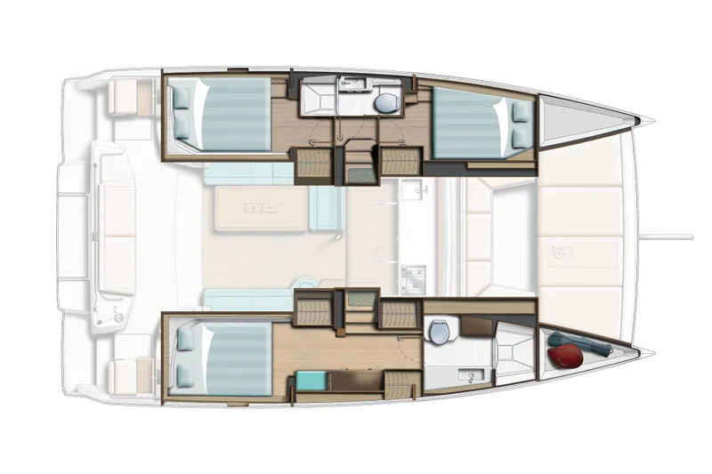  Yacht Photos Pics Floor plan of 2026 Bali CATSMART catamaran, featuring cabins, bathrooms, and living area.