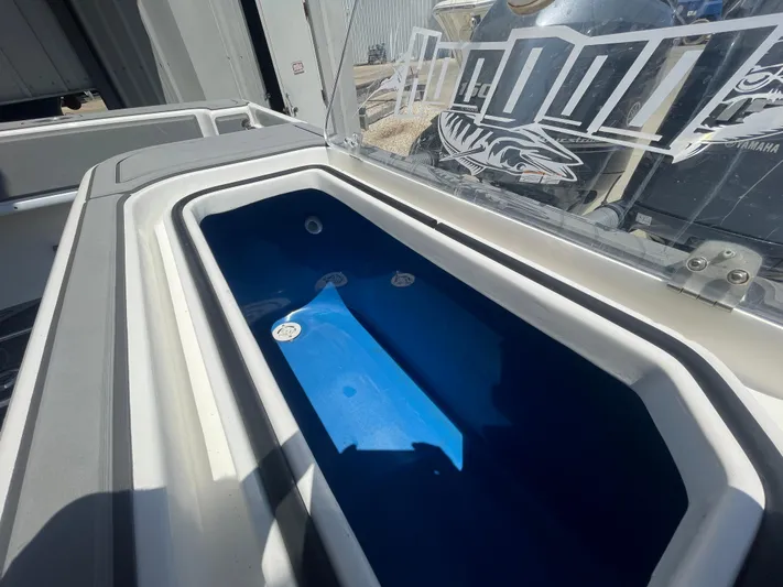 Motivated Yacht Photos Pics 2022 Contender 25 Tournament boat livewell with blue interior and clear lid.