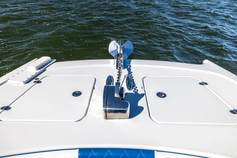  Yacht Photos Pics Freeman 42 LR 2022 boat bow with anchor on water.