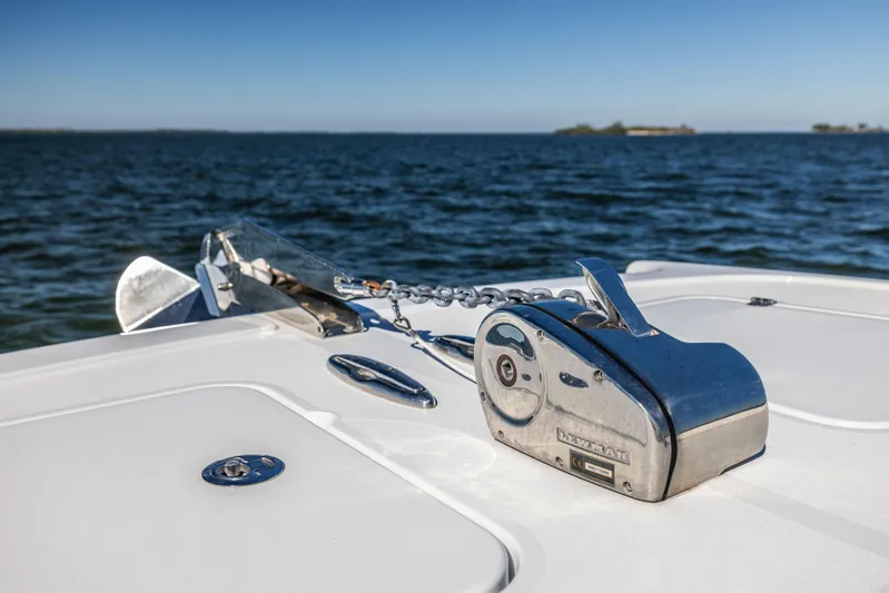  Yacht Photos Pics Freeman 42 LR 2022 boat anchor system on calm ocean waters.