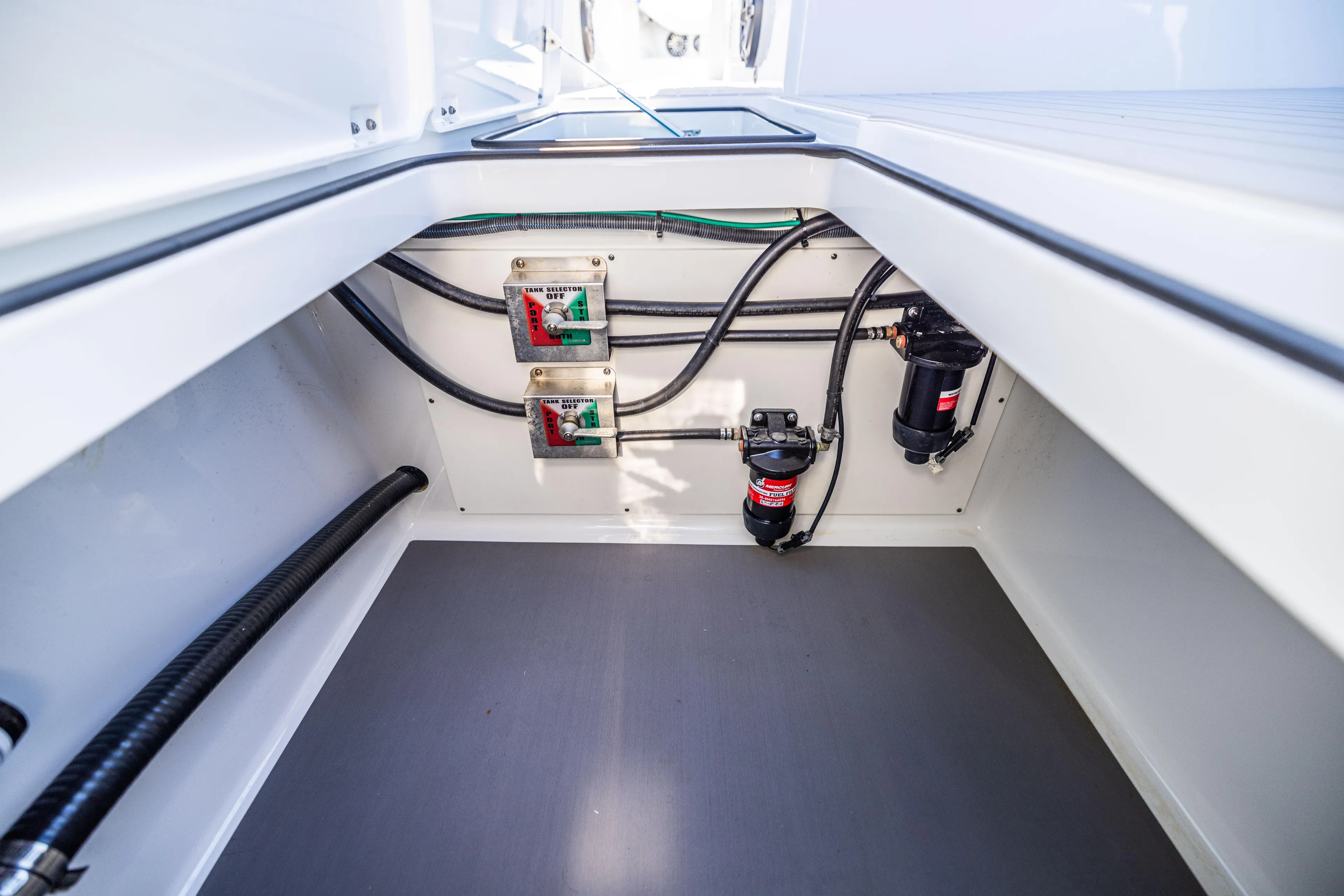  Yacht Photos Pics Freeman 42 LR 2022 boat wiring and components in storage compartment.