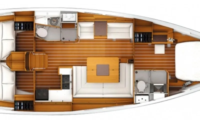Balandra Yacht Photos Pics Interior layout of 2014 Jeanneau Sun Odyssey 439 sailboat, featuring cabins, kitchen, and seating area.