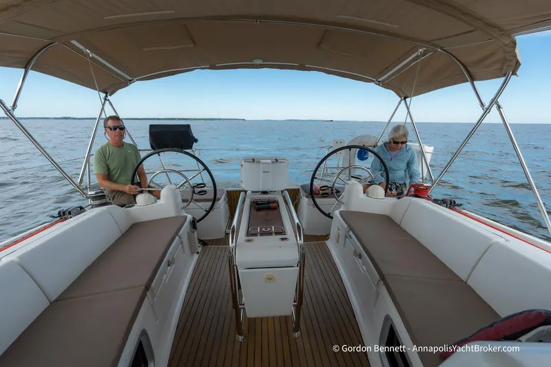 Balandra Yacht Photos Pics 2014 Jeanneau Sun Odyssey 439 sailboat with dual helm, cruising on open water.