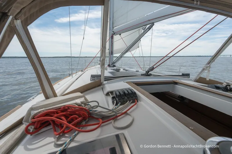 Balandra Yacht Photos Pics 2014 Jeanneau Sun Odyssey 439 sailing on open water, view from cockpit.